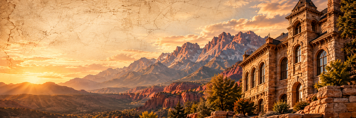 Historic masonry architecture beneath Utah mountains