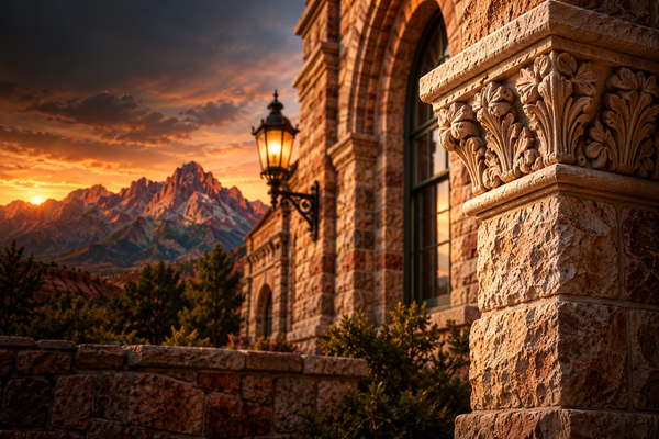 Close detail of historic stone masonry in warm Utah light