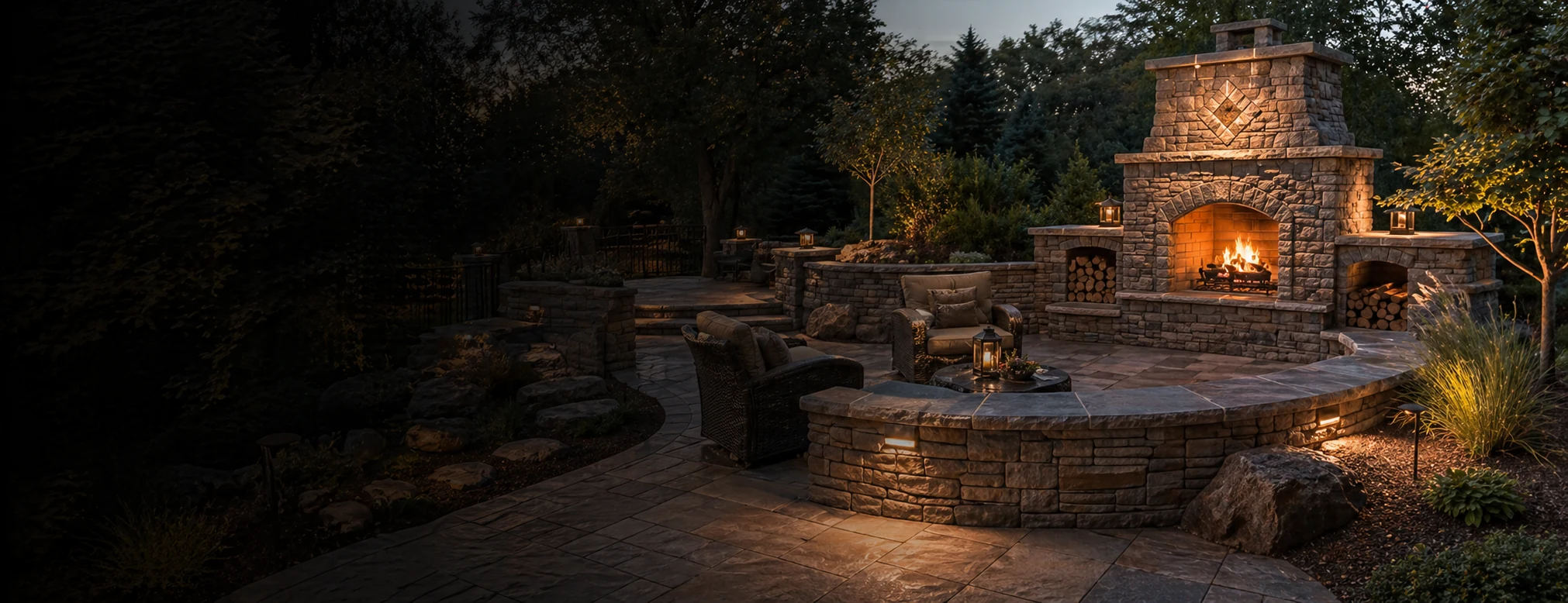 Outdoor stone fireplace and seating area