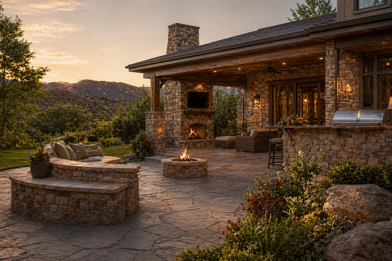 Backyard outdoor living area with masonry features