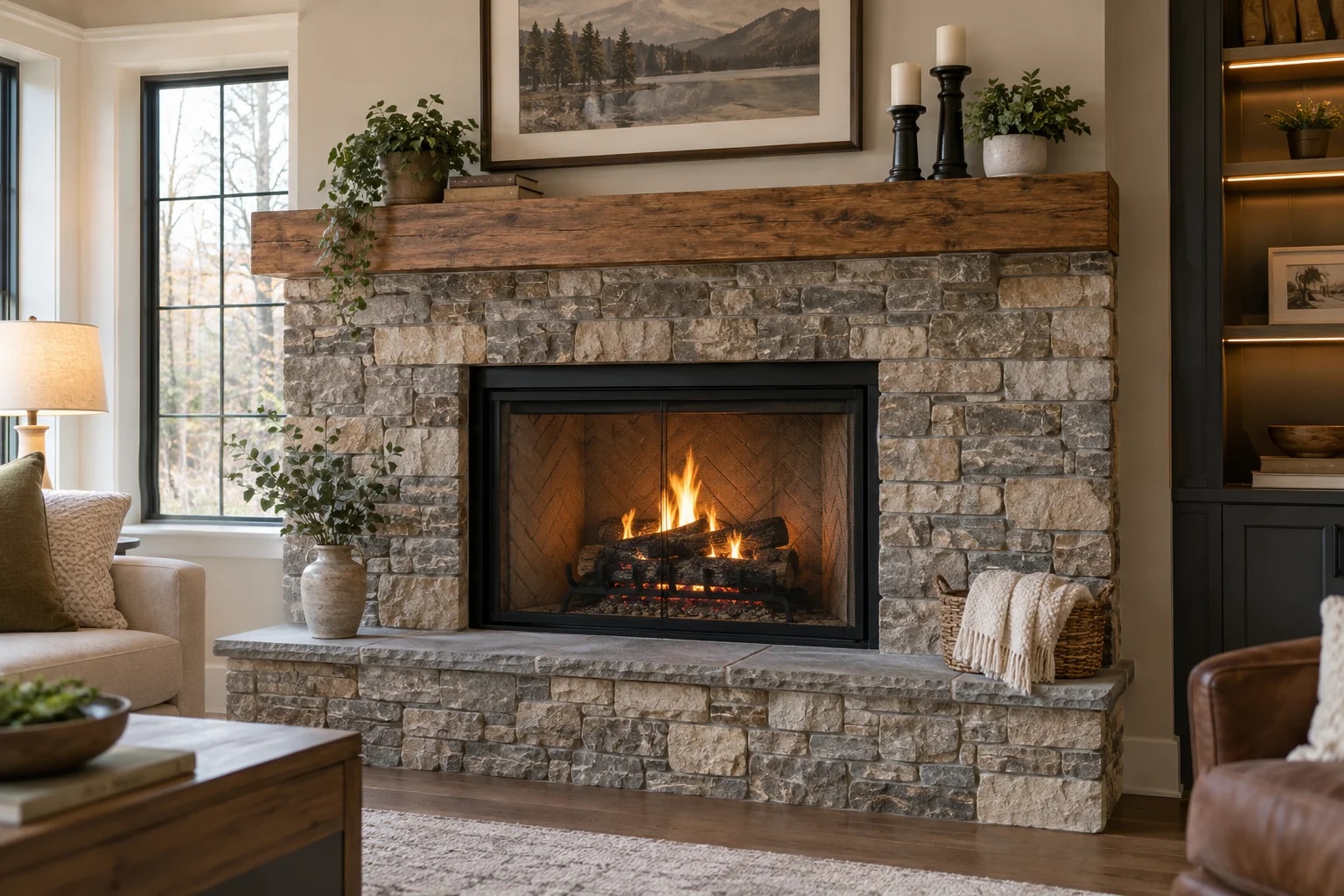 Interior stone fireplace surround