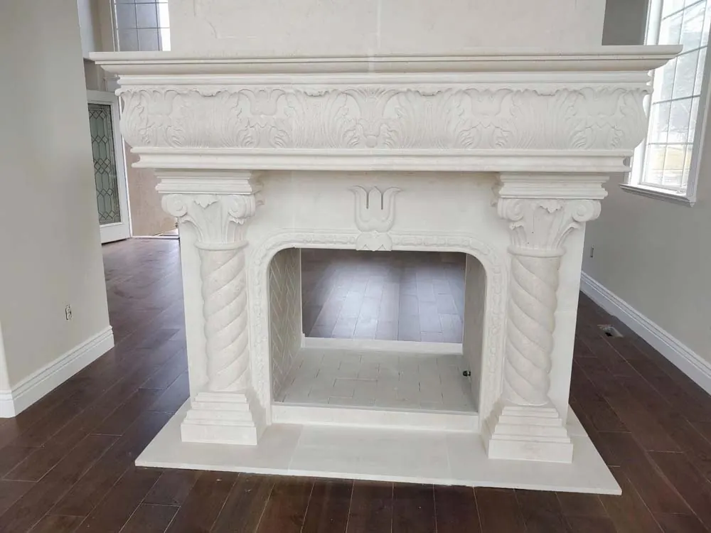 White Marble Fireplace featuring fireplace masonry or surround work, suitable for warm lifestyle-focused installation content.